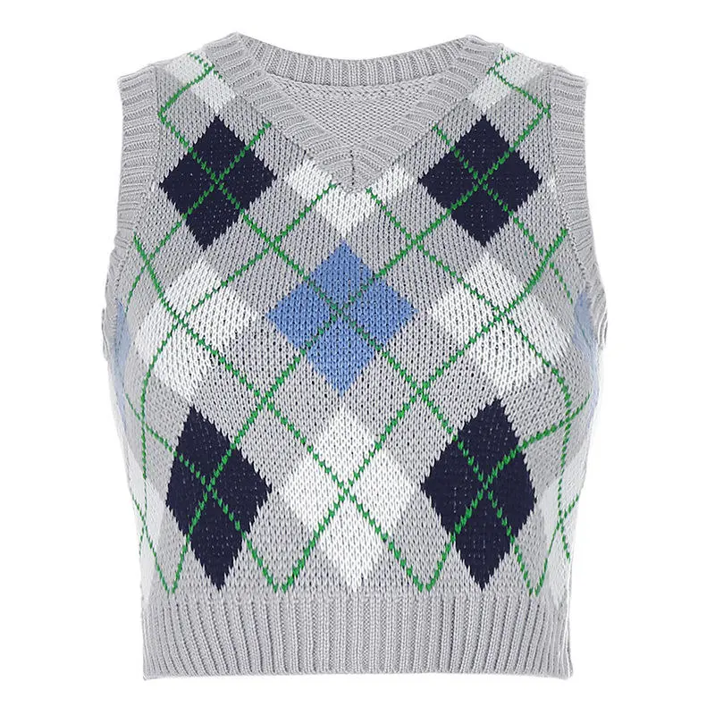 Women's Y2K Haut de la récolte sans manches Pull col V côtelée Plaid tricoté pull pour les jeunes