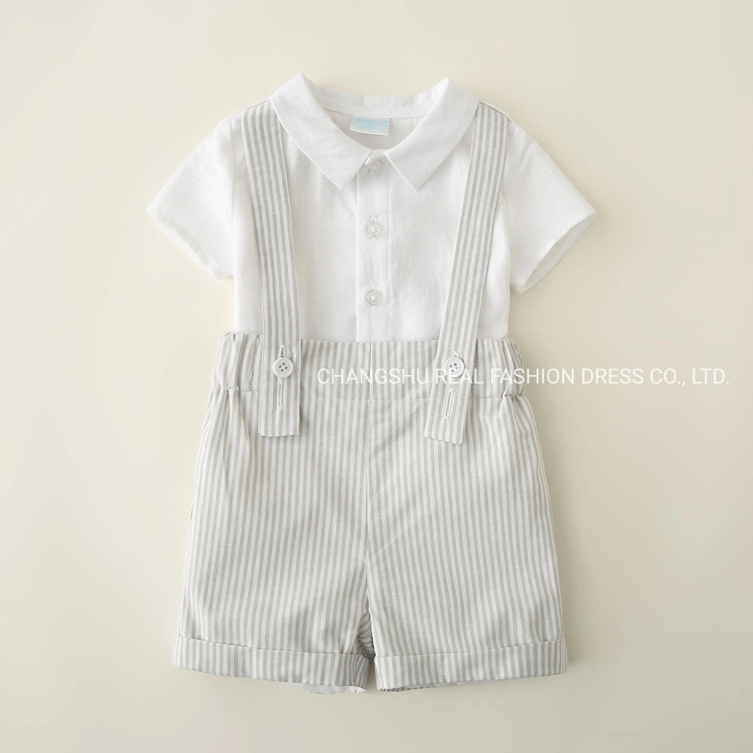 Children Clothing Infant Boy Girl Knitted Top and Woven Stripe Suspender Pant Suit Wear