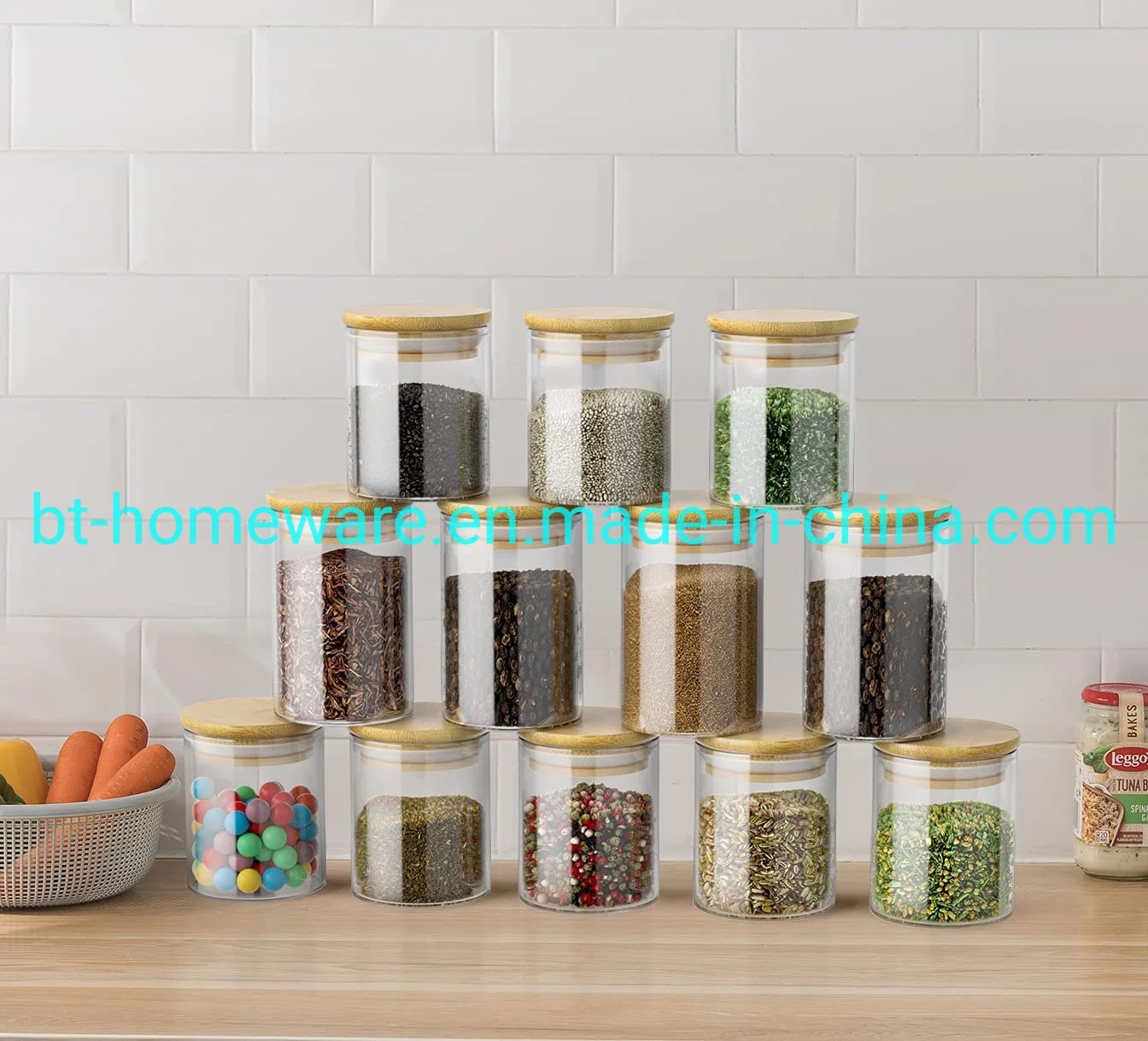 Wholesale/Supplier 8oz + 11.5oz Glass Sealed Labeled Spice Jar Set with Bamboo Lid for Storage for Spices Herbs Grains Coffee and More