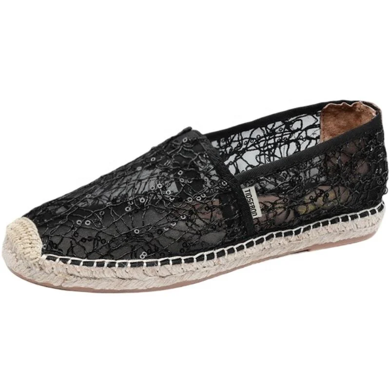 Custom Ladies Summer Fashion Lace Slip-On Flat Canvas Sapatos linho Sapatilhas de Fisherman para mulher macias e confortáveis e com sola casual