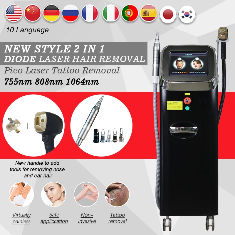 2023 último comutador 2 em 1 Q Pico Laser Tattoo Remoção Picosecond Hair Removal Díodo 808nm Laser Máquina de gelo titânio