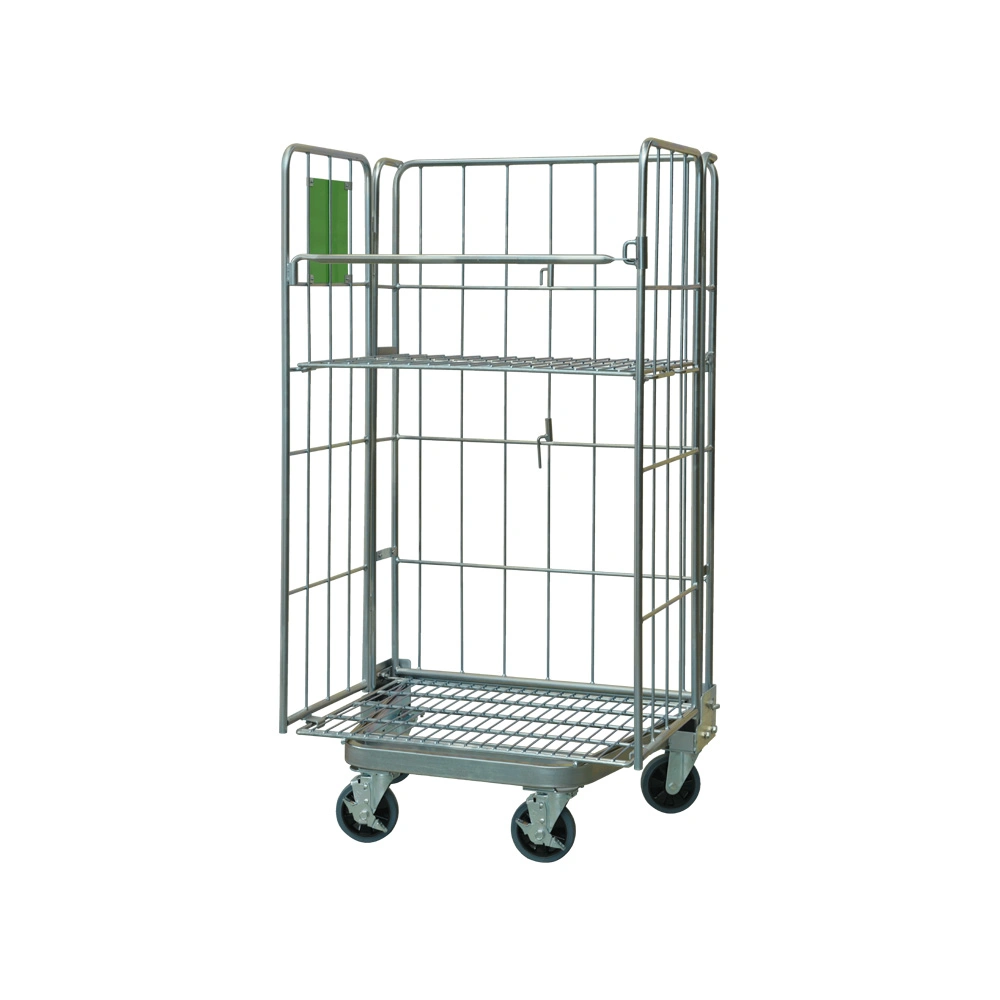 Nesting Cargo Cage Collapsible Goods Three Side Storage Metal Galvanized Warehouse Folding Pallet Cart Trolley