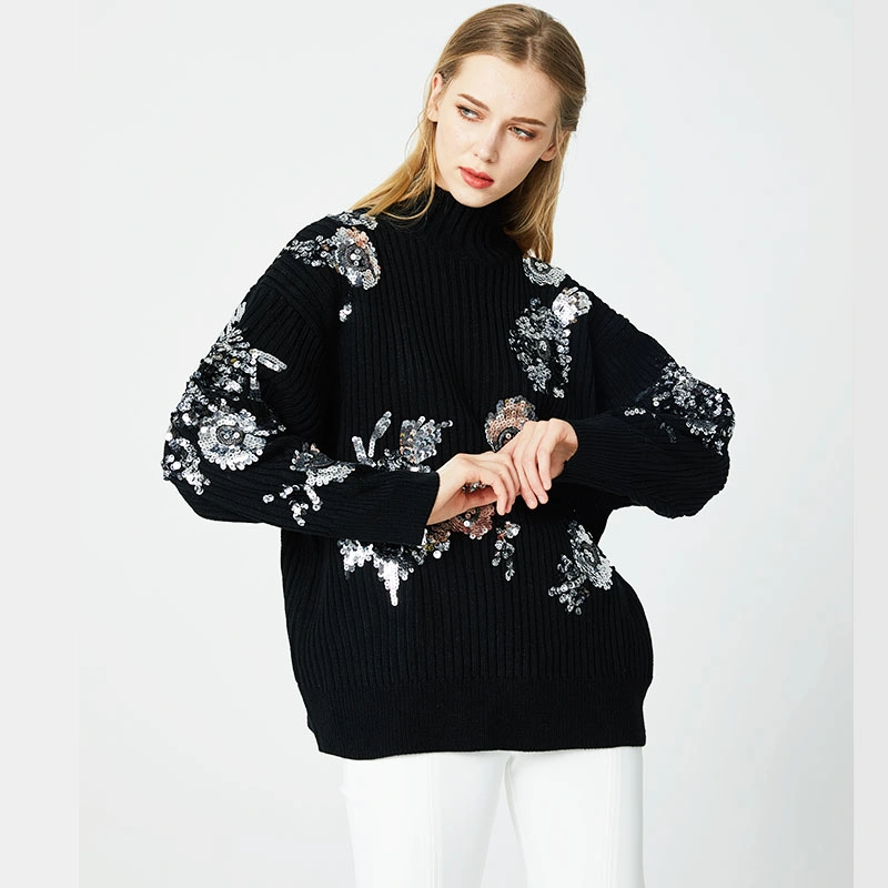 Embroidery Silver Sequins Women' Winter Knitted Black Long Sleeve Pullover