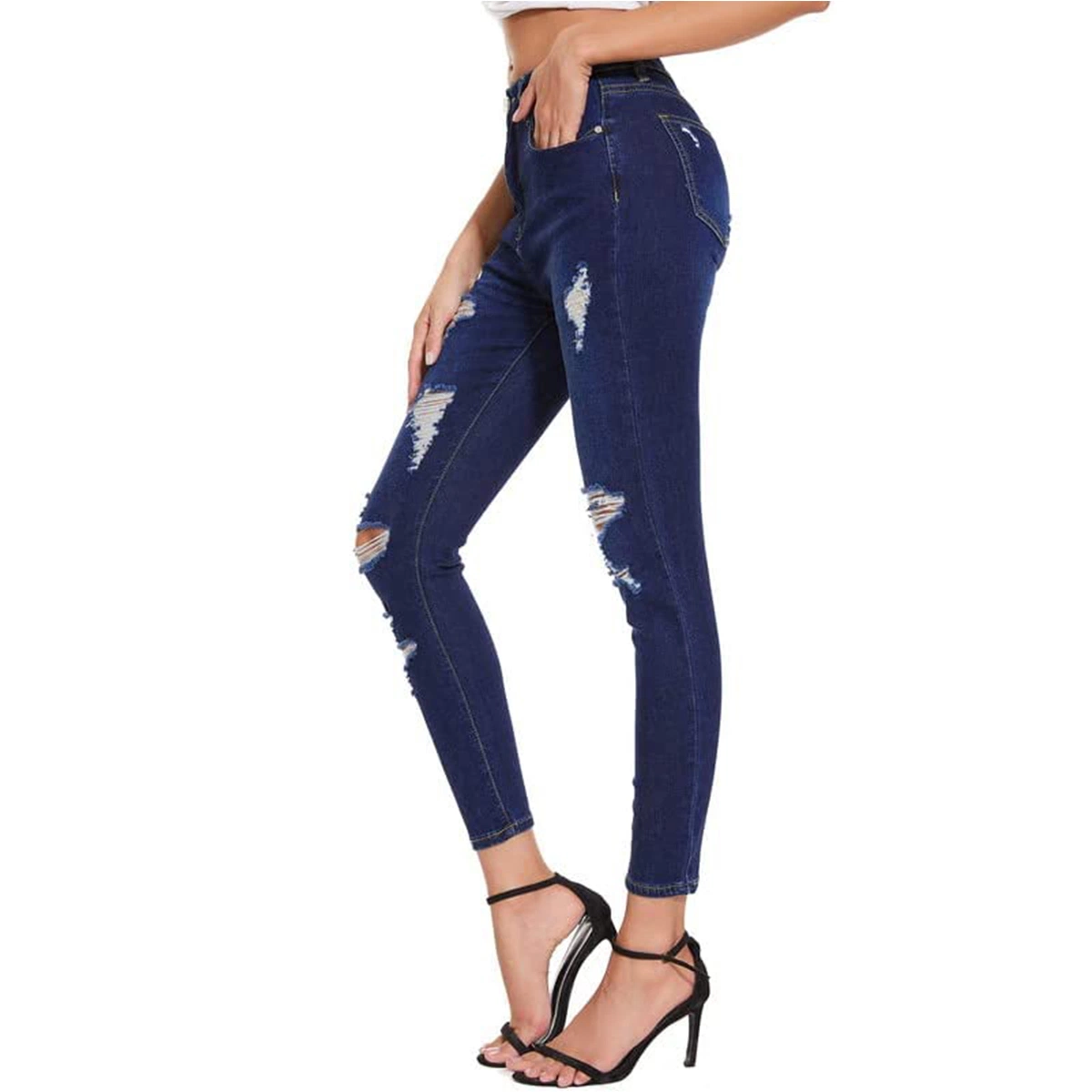 Custom Regualr Fit Frayed Destoryed Design Brand Denim Trendy Women Jeans