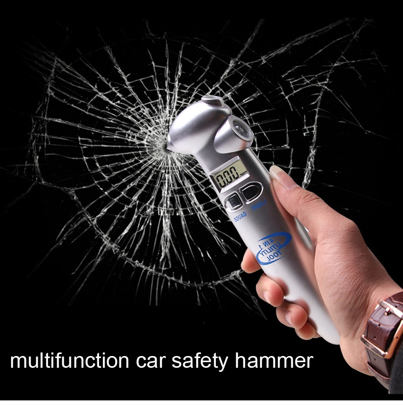 Multifunction Portable Emergency Tool Kit Safety Hammer Steel Car Tire Pressure Gauge