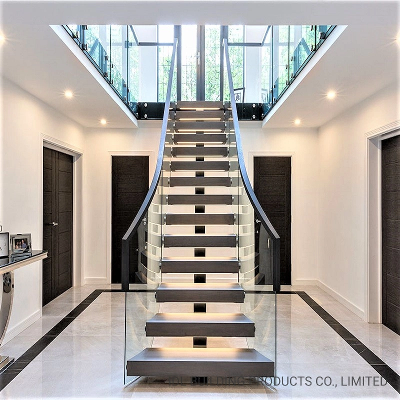 Easy Install Galvanized Steel Staircase Single Mono Stringer Stairs Interior Straight Stair with LED Wood Tread Glass Wall Panel Balustrade