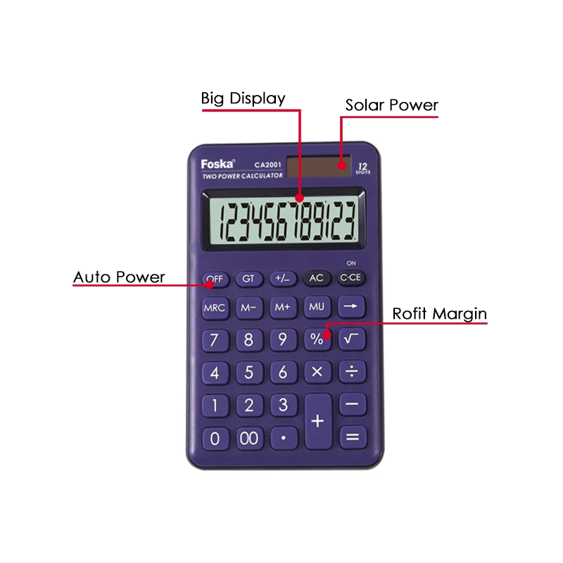 Foska Calculadora 12 dígitos de la Energía Solar y batería Calculadora de oficina