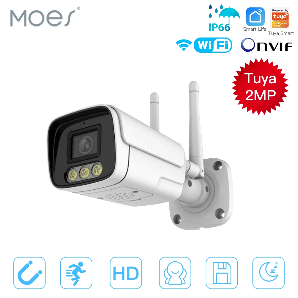 Tuya Smart 2MP Full HD 1080P Caméra de sécurité extérieur/intérieur de vision nocturne infrarouge étanche IP66 avec alarme de surveillance de niveau de sensibilité réglable