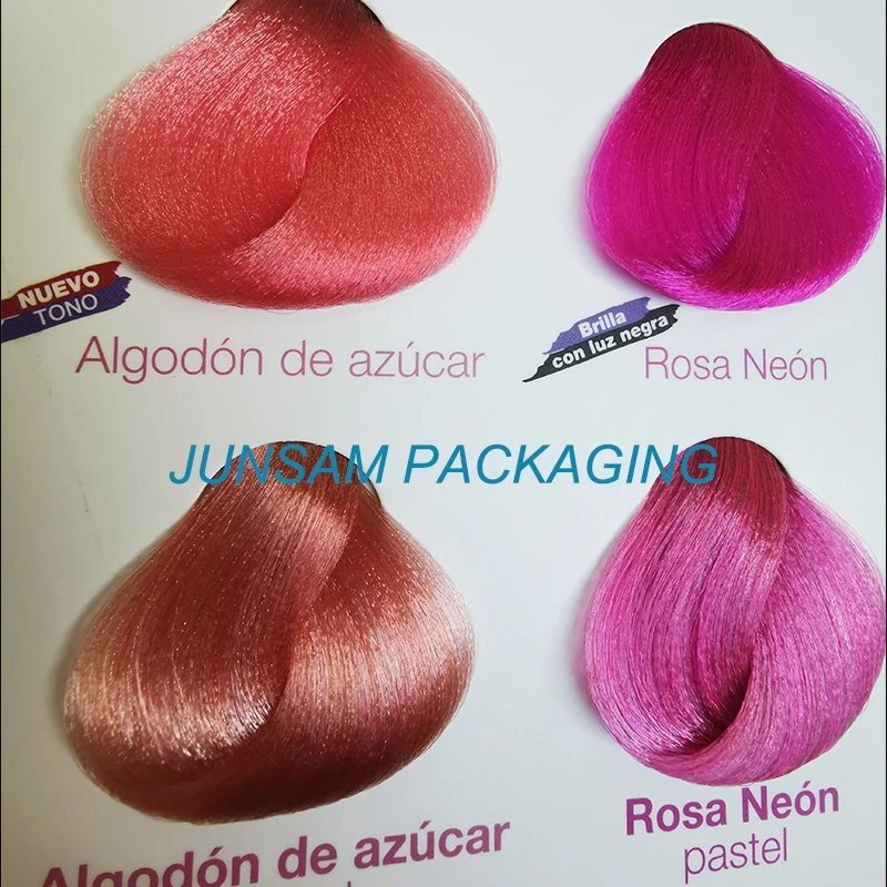 Tabla de colores de cabello multicolores con muestras en bucle, catálogo de promoción profesional