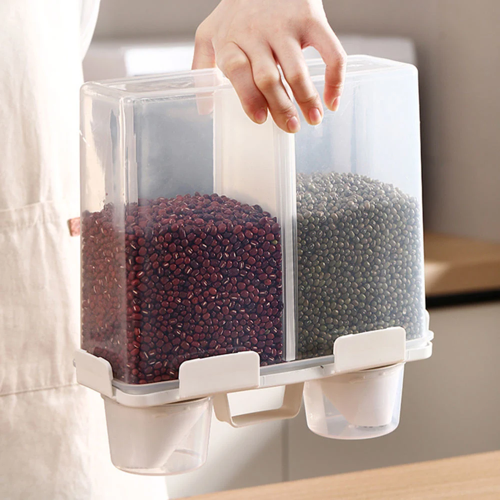 Kitchen Plastic Grain Rice Container for Cereals Dry Food Storage Box with Measuring Cup and Hand