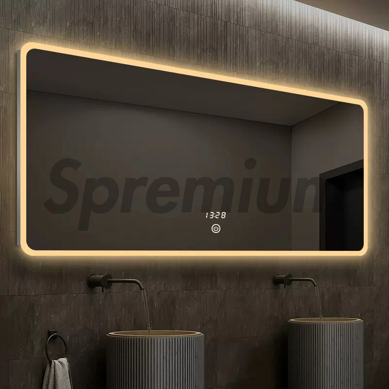 Miroir lumineux mural de salle de bain à LED pour meuble de vanité en verre intelligent de décoration d'intérieur en gros