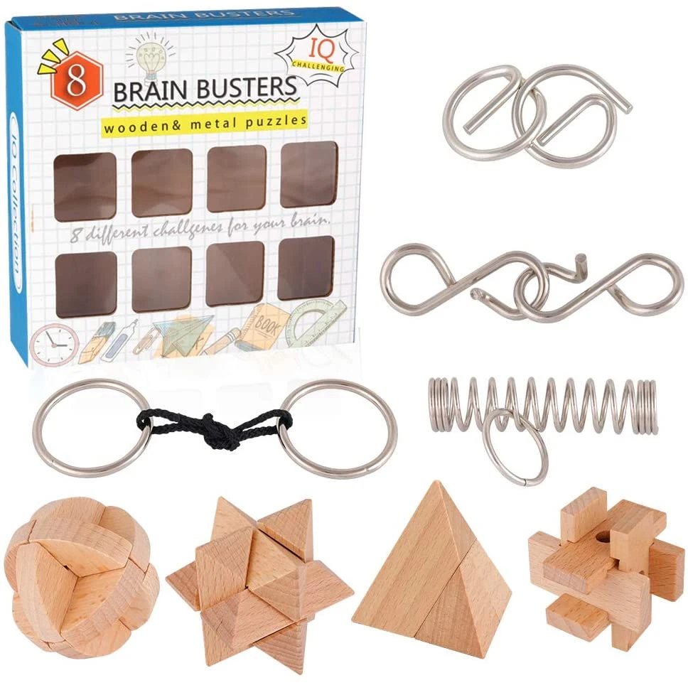 8pcs verrouillage déverrouillage Test de Qi jouet en bois et métal 3D Magic Ball cerveau Teaser Puzzles pour adultes chez les adolescentes