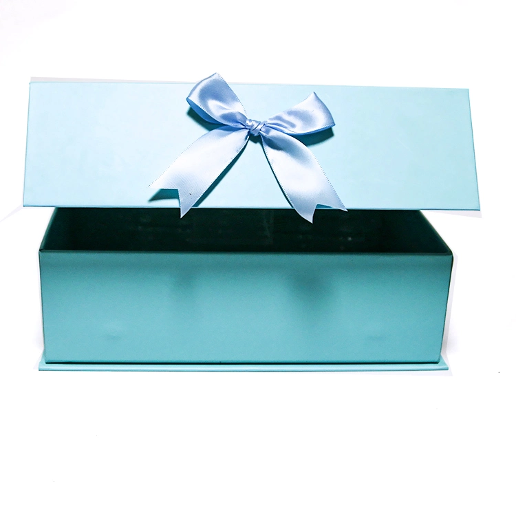 Luxury Logo Custom Blue Printing Rigid Magnetic Paper Gift Box with Bow Decoration