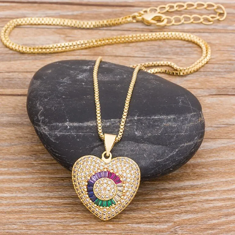 Rainbow Zirconia Jewelry Wedding Gift New Design Fashion Heart Pendent for Women Charm Chain Lovers Copper Necklaces