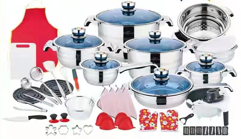 Großhandel Heiße Küche Ausrüstung Werkzeuge Kochen Frypan Kochtopf Vorratspott Dampfgarer Edelstahl 54PCS Kochgeschirr Set