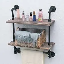 Black Industrial Style Solid Wood Towel Rack for Bathroom with Iron Pipe