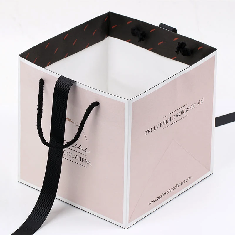 Custom Logo Printing Luxury Square Pink Fashion Shopping Retail Gift Paper Bags with Ribbon Handle