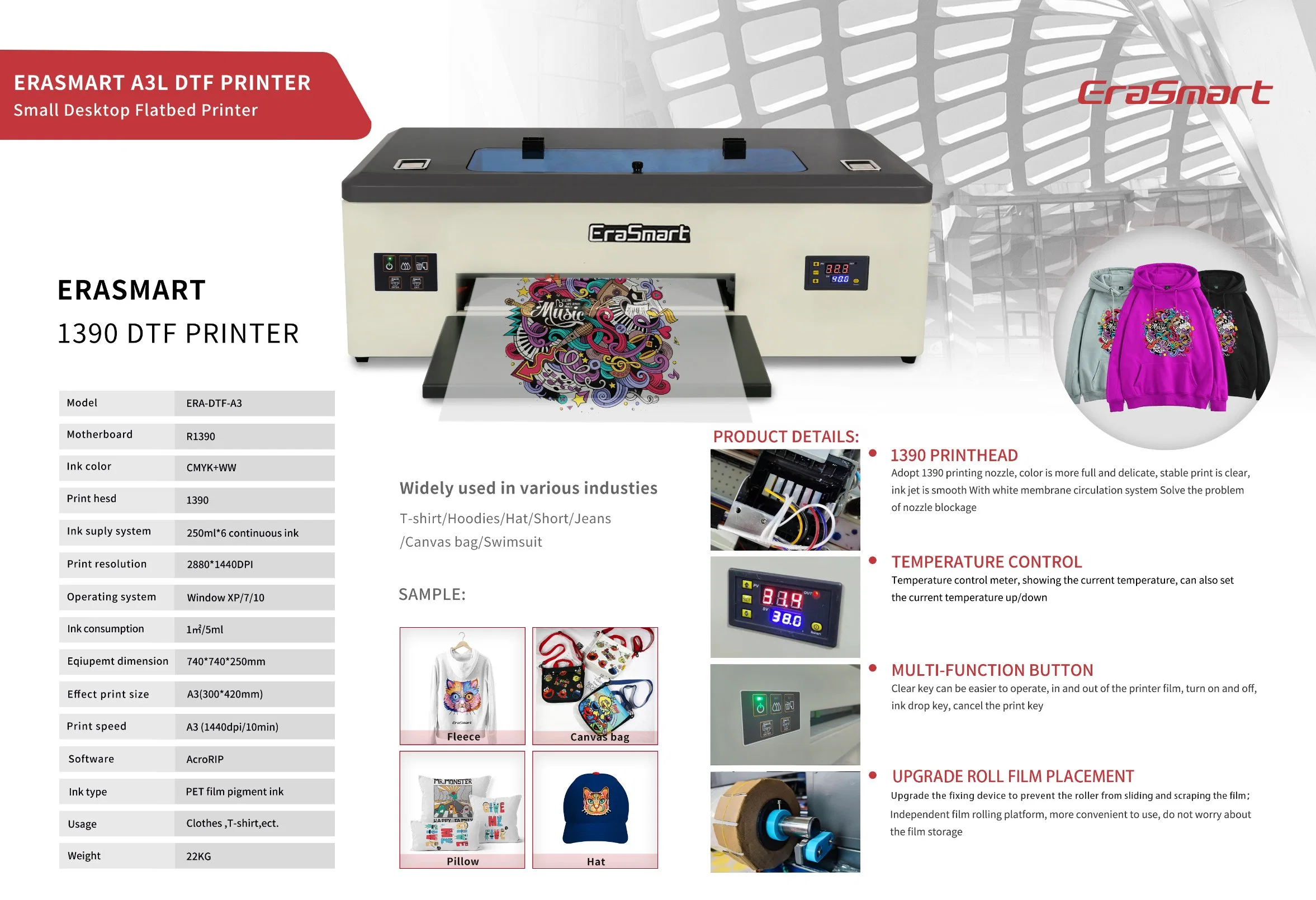 L1800 Dtf Roll Printer Manufacturer 30 Cm A3 Auto Cleaning Single Head T-Shirt Printing Machine