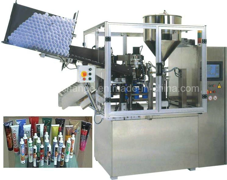 Machine de remplissage et de scellage entièrement automatique de tubes en plastique pour gel désinfectant pour les mains.
