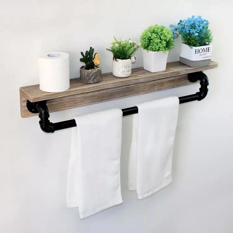 Towel Rack Toilet Paper Holder Roller Industrial Pipe Shelf Bathroom Industry Style Metal Pipe Wood Rack