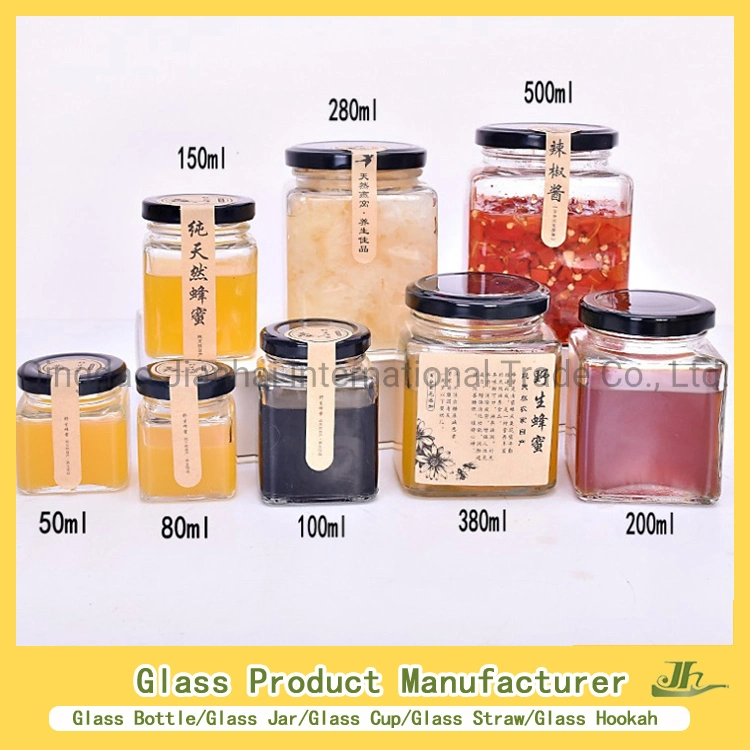 Square Honey Jam Jelly Glass Jar with Black Lug Lid for Food Packaging Jar