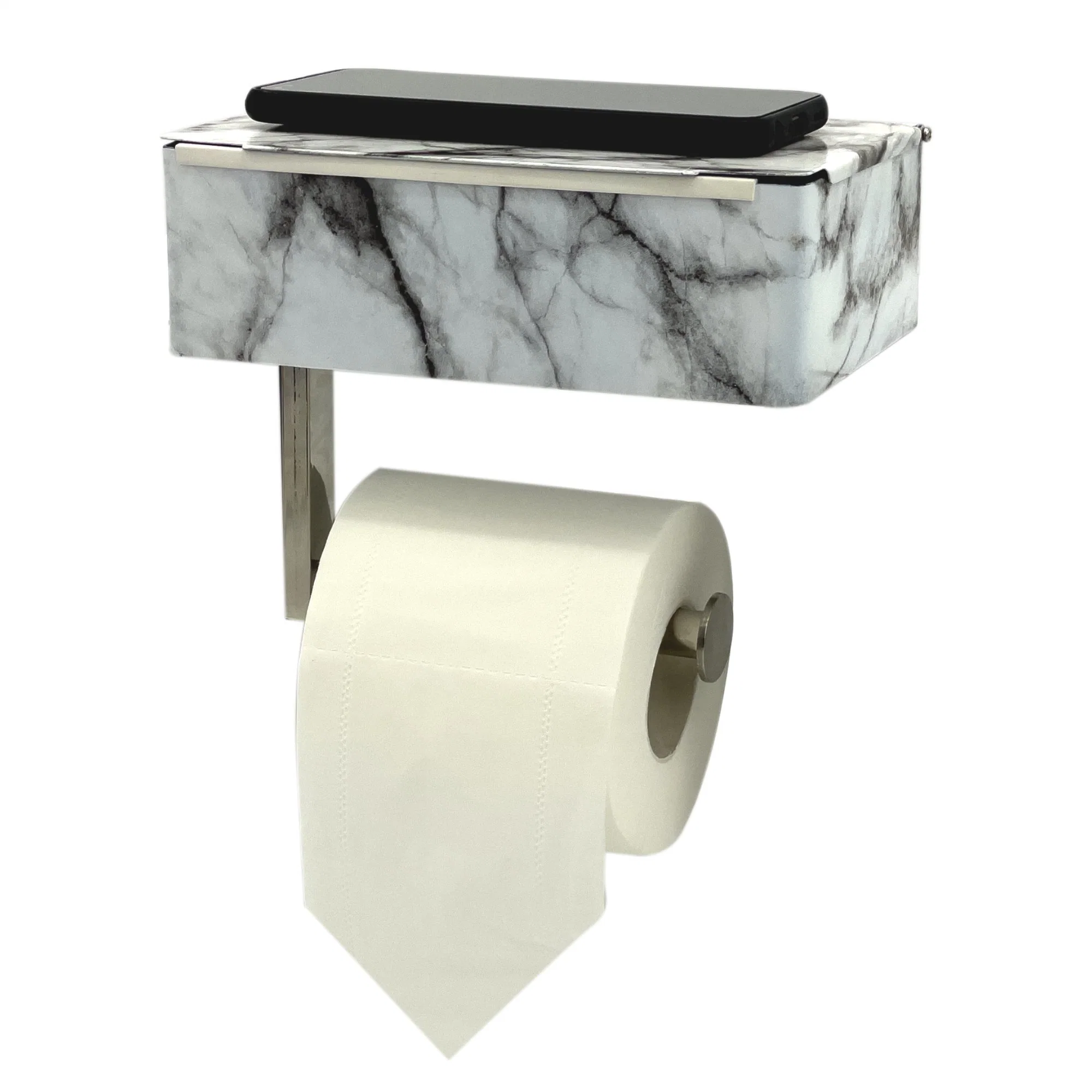 Modern Self Adhesive Marble Color Toilet Tissue Paper Towel Roll Paper Holder with Phone Shelf and Wipes Holder Storage Box