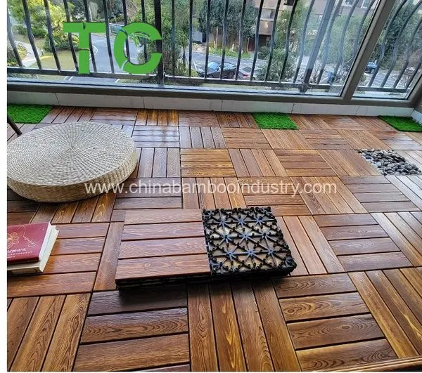 Carbodized Bamboo Wood Interlock Deck Tile Outdoor Engineered Flooring