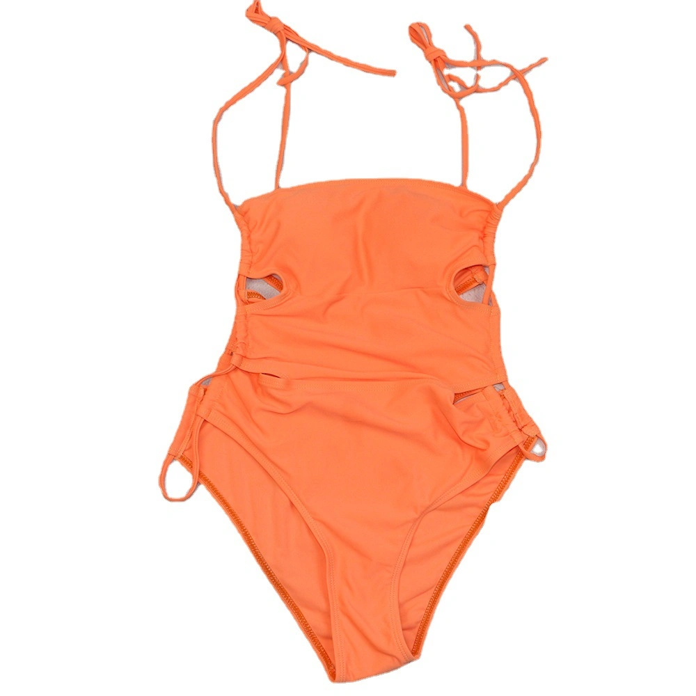 Stylish Women Bathing Suits Side Hollow out Sexy Swimming Wear Drawstring Self Tie Solid Swimwear