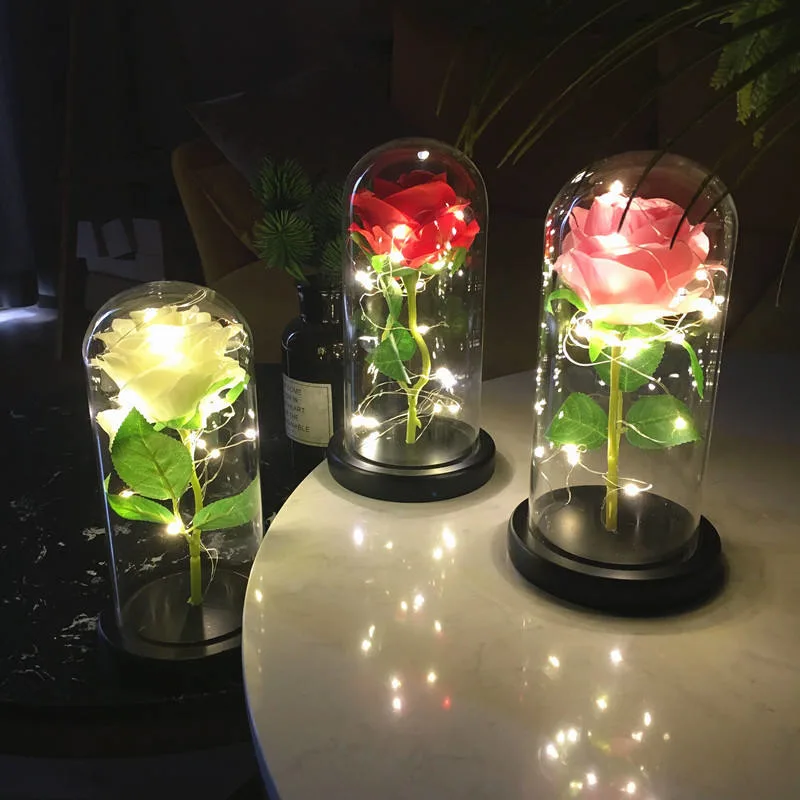 Rose Flower Gift in Glass Dome LED Light Roses for Christmas