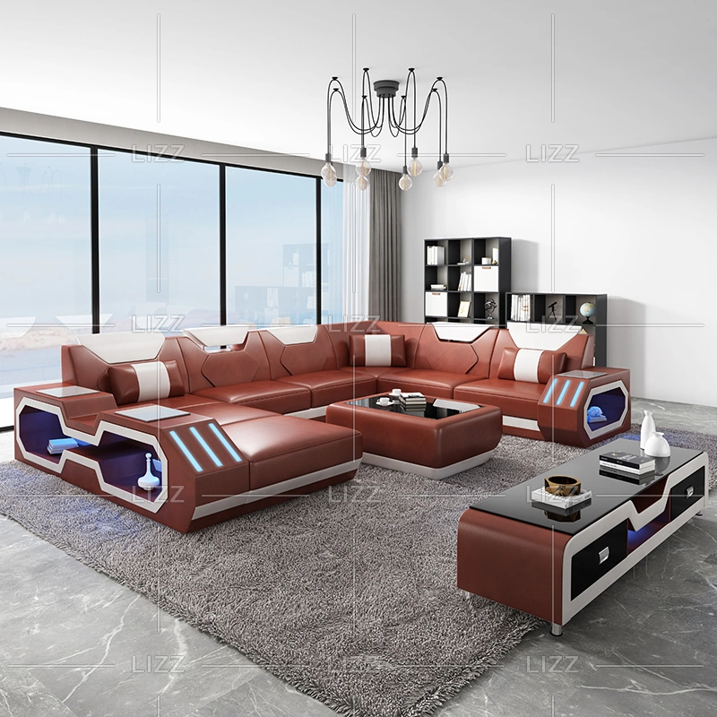 European Style Leather Home Furniture Set Living Room Leisure Sectional Corner LED Sofa