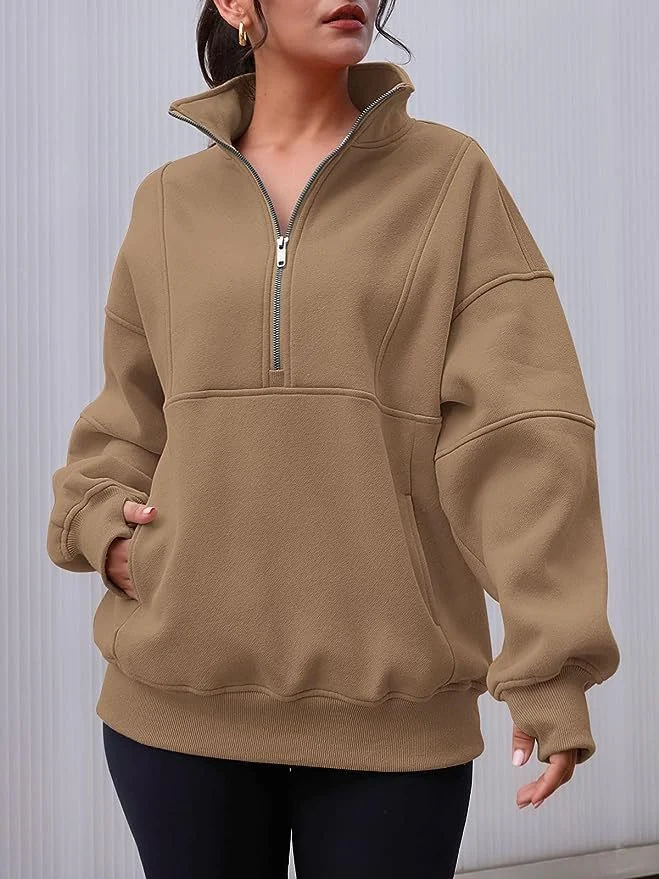 La moitié des femmes Zip Sweat-shirt à manches longues en molleton surdimensionné Hoodies chandails Pockerts décontracté avec