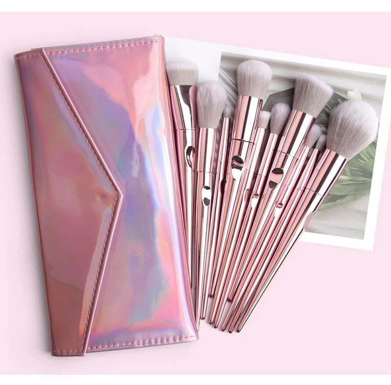 10 pcs Electroplate Pink Makeup (10 أجزاء من الملابس الوردية) فرش الشعر الخاص التسمية Premium التركيبي الشعر مجموعة فرشاة تجميلية