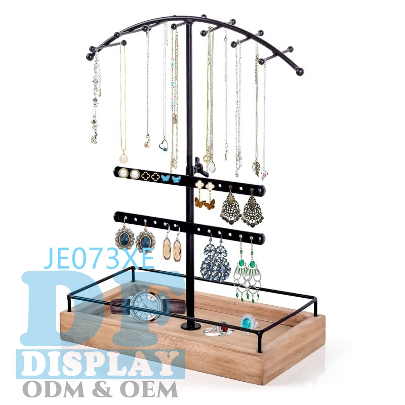 Vintage Jewelry Tree Stand 3-Tier Jewelry Hanging Organizer for Tabletop Display Necklace Earring Bracelets Rings Storage Rustic Wooden Tray
