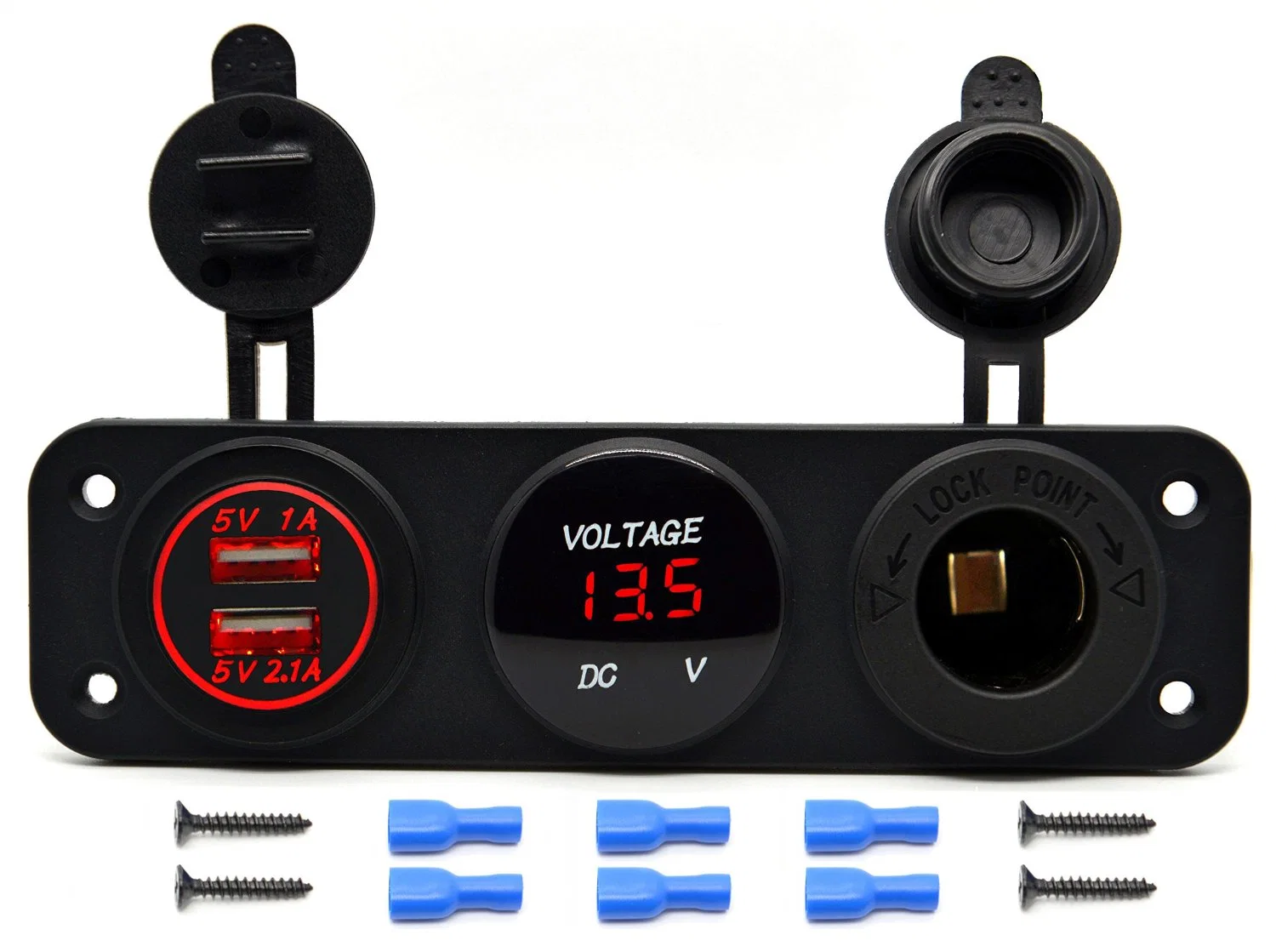 Car Dual USB Charger Socket + LED Digital Voltmeter + 12V Power Outlet Cigarette Lighter Socket Adapters Panel for Car Boat Marine RV Truck