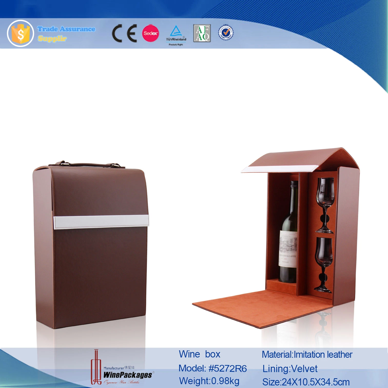 Single Bottle Promotional Gift Wine Box with Glasses (5272R4)