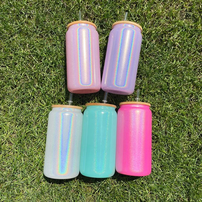 USA Warehouse Sparkle Shiny Glitter Glass Can Bulk White Glitter Shimmer Can Glass Mug Blue Pink White Silver Purple Soda Beer Coffee Tumbler Cups USA Warehouse