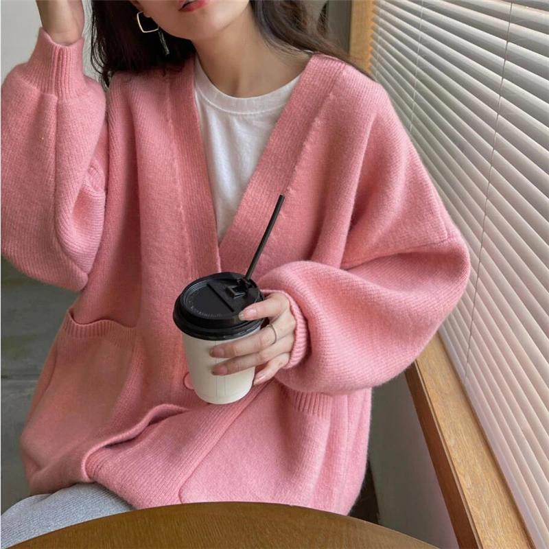 Lazy Wind Coat Female 2023 Spring and Autumn New V-Neck Solid Color Knitted Cardigan Female Loose Large Size Sweater Female Outer Wear