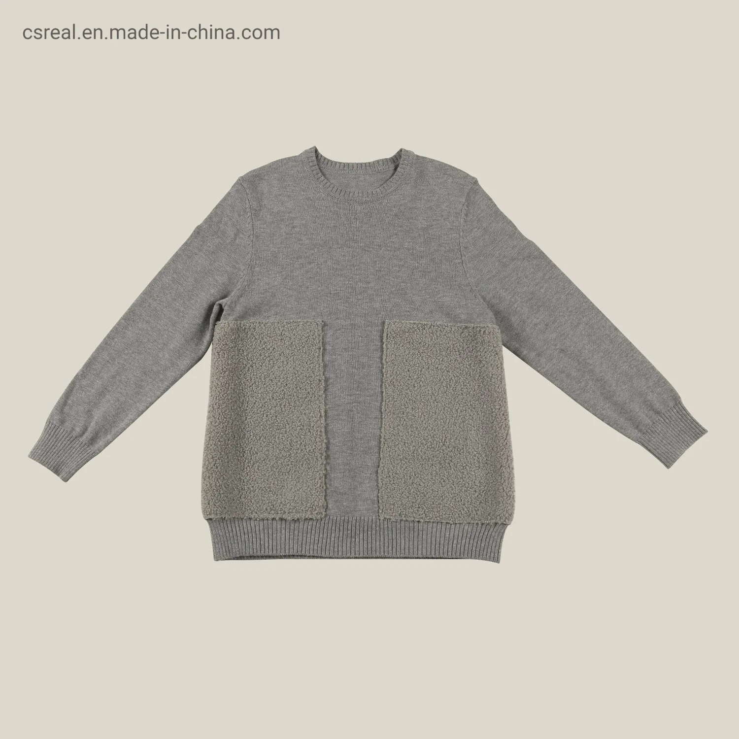 Boy Children Knitted Grey Sweater with Sherpa Fabric Pockets at Front
