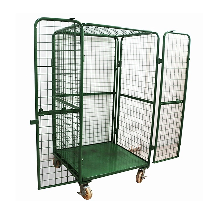 Security Roll Cage Steel Wire Mesh Trolley Cage Steel Trolley with Door, Roll Storage Cage