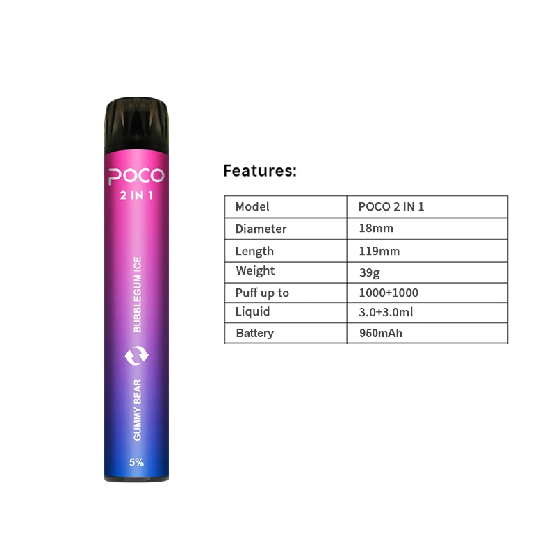 Dual Flavors Poco 2 in 1 Smoking Vape 1000+1000puffs Vape Juice 3+3ml Disposable/Chargeable Vape with Bottom Switch 6 Flavors Available