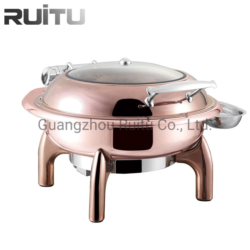 6 Qt Rose Gold Buffet Furniture Catering Serving Chafing Dishes Visible Lid Window Warming Cooking Pan Tray Electric Hot Party Food Warmer Copper Buffet Server