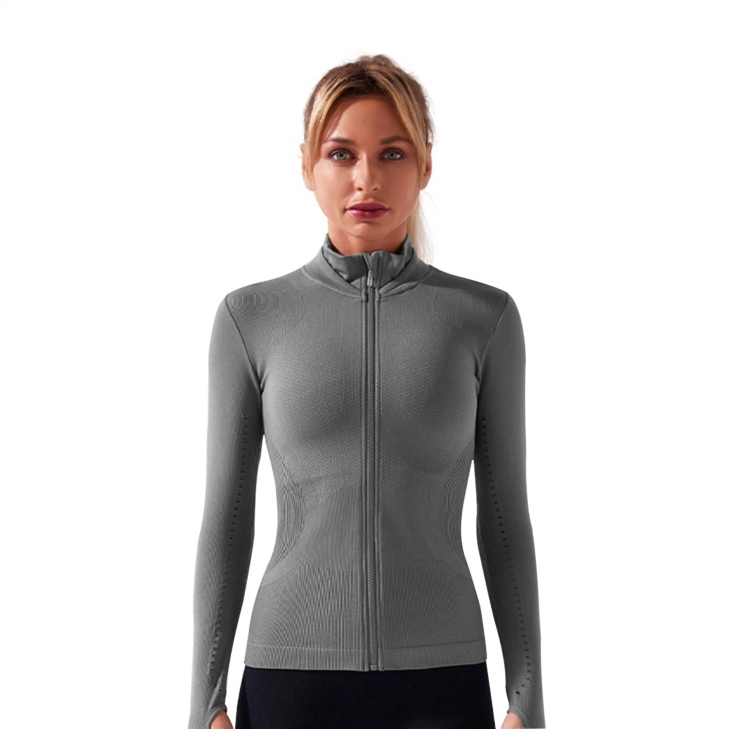 Women Seamless Stretchy Long Sleeve Sportswear Fitness Yoga Running Zipper Jacket with Thumb Hole