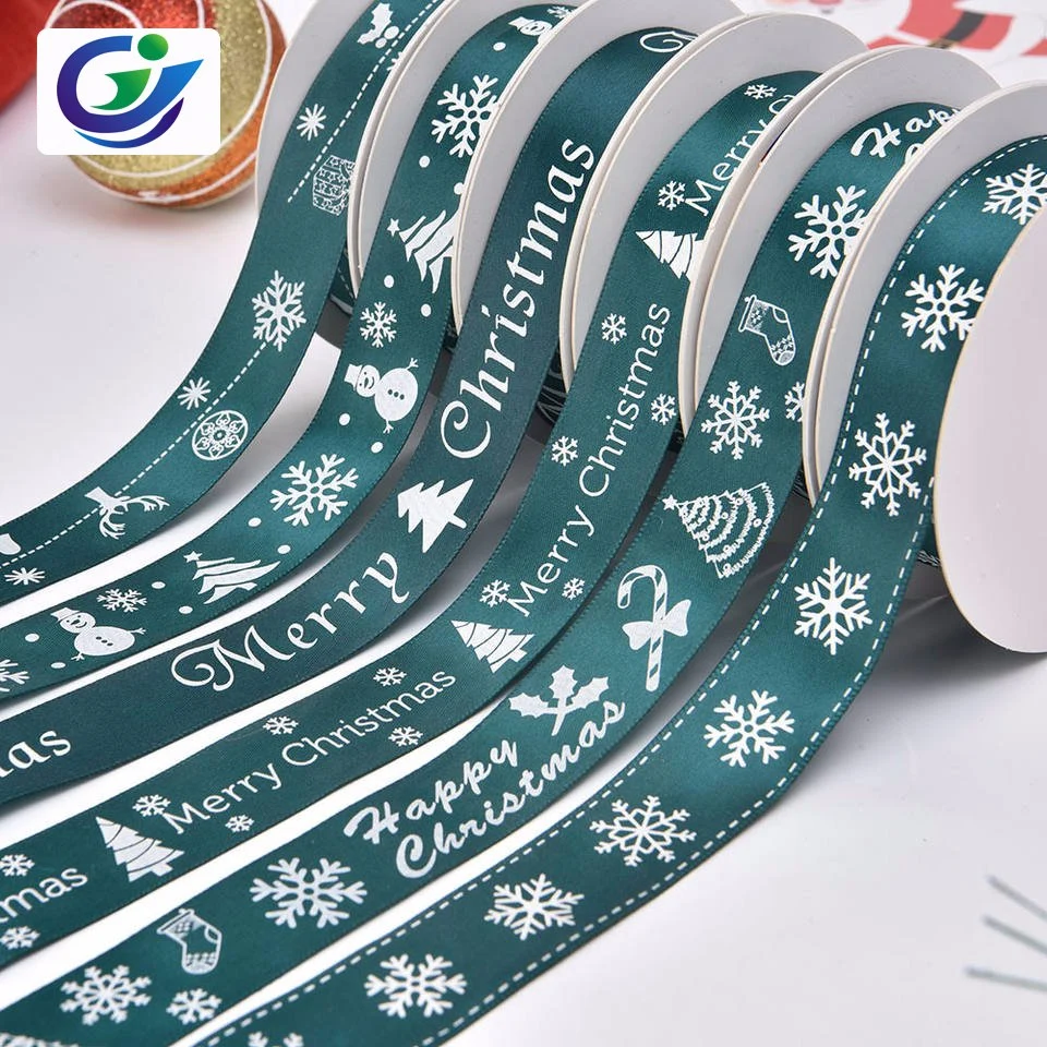 Foil Gold Printed Xmas Tree Deer Santa Claus Snowman Grosgrain Stain Ribbon for Packing OEM Factory