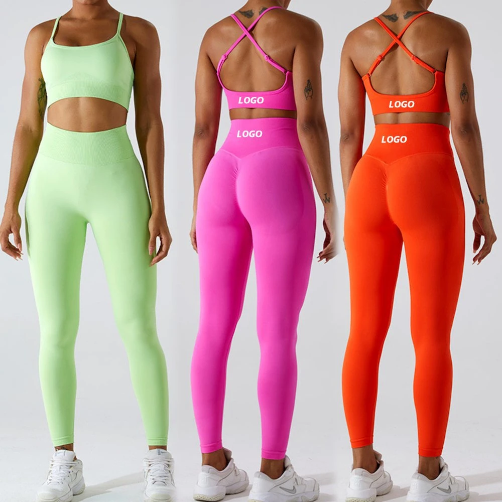 Nuevo Sexy Plus Size Cross Back ropa deportiva sin costuras para mujer, 3pcs Sujetador deportivo + pantalones cortos biker + Leggings de running Personalizar ropa de yoga coincidente