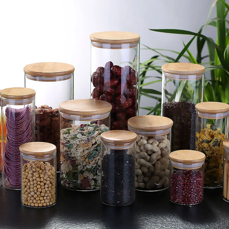 Glass Storage Jars with Bamboo Lids Clear High Borosilicate Glass Airtight Kitchen Food Cereal Containers