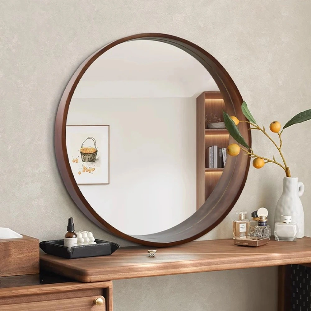 Miroir mural rond nordique en bois massif avec étagère de rangement