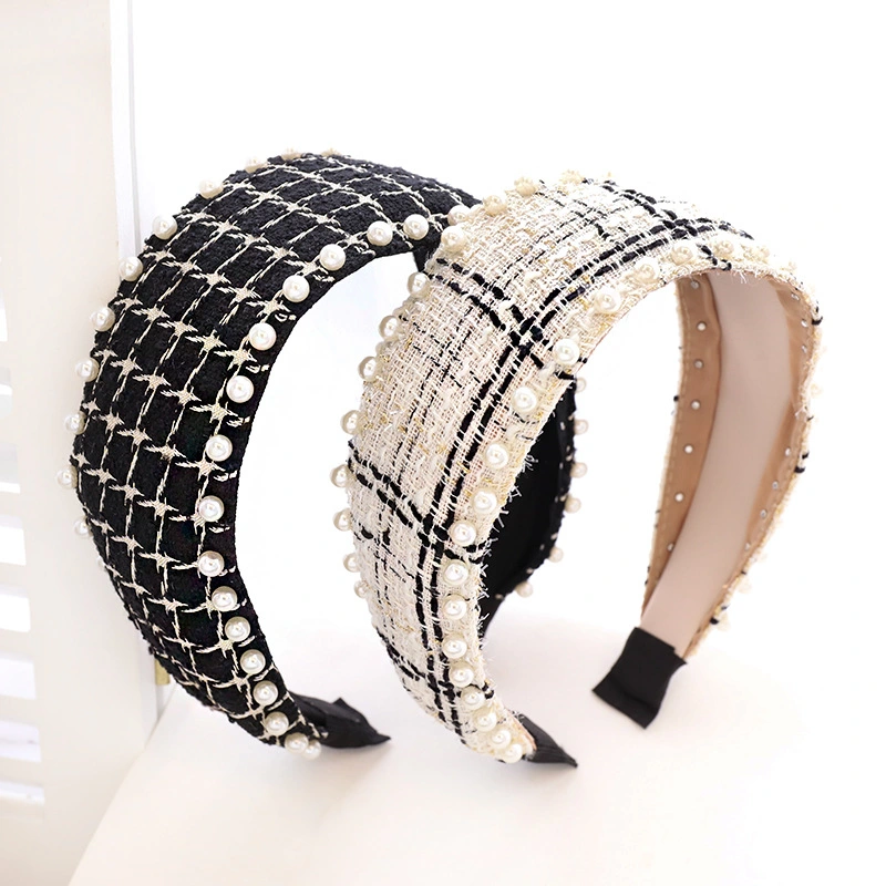 Nail Pearl New Hair Band Classic Ethnic Plaid Fabric Headdress Hair Card Korean Version of The Female Headband