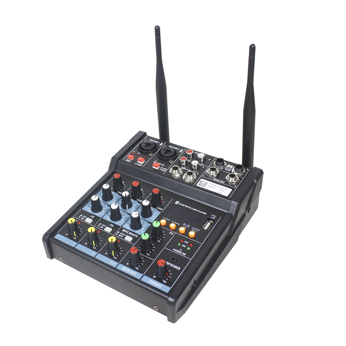 Professional Audio 4 Channels Blue-Tooth Built-in Amplifier Audio Mixer Audio with 2 PCS Wireless Handheld Microphones