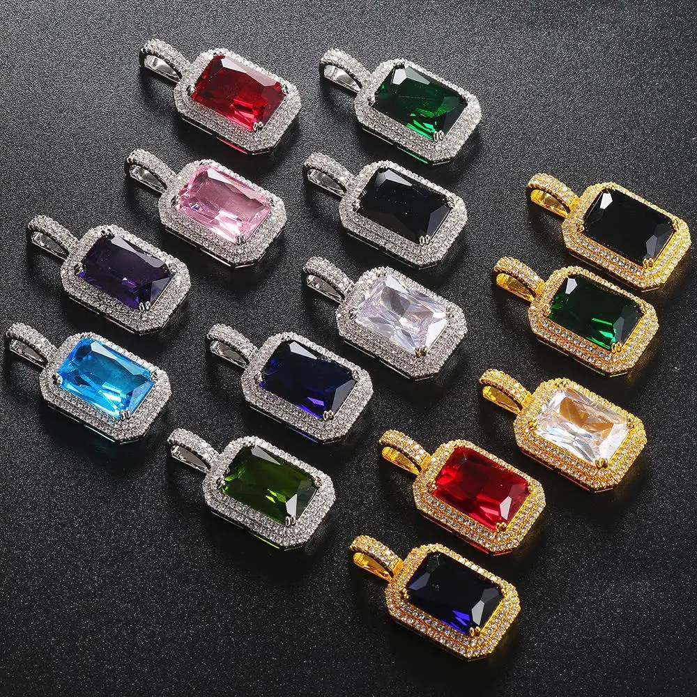 Solid Square Zirconia Pendant Full of Diamonds with Large Colored Stones Necklace