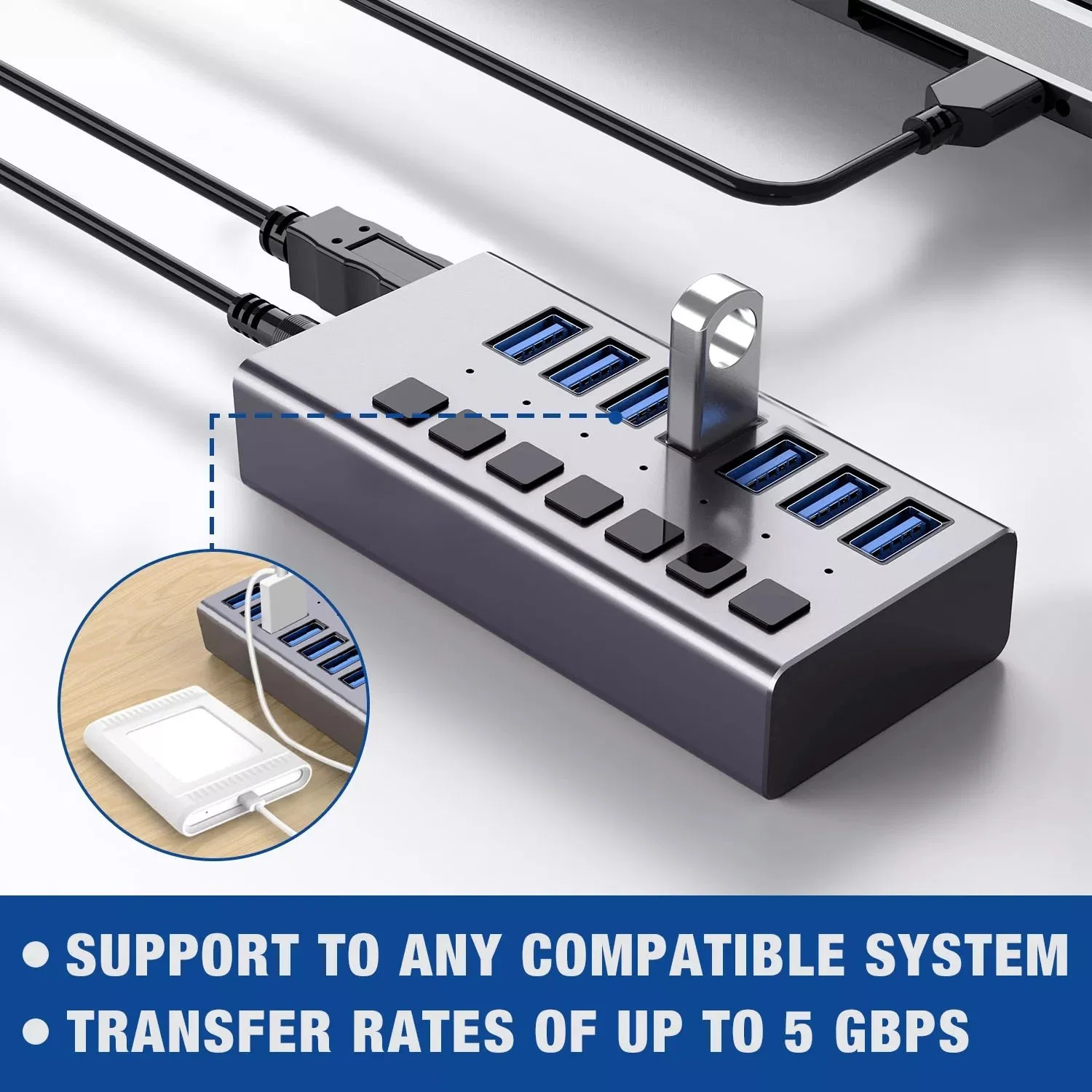 High Speed Power Adapter Support Data Transfer and Charging 36W 12V 3A 7 Port USB 3.0 Hub with Switches for PC Laptop